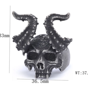 Punk goat skull stainless steel ring for men with vintage silver finish and horn details