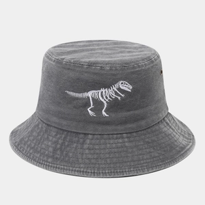 Faded grey bucket hat featuring white dinosaur skeleton embroidery and metal air vents