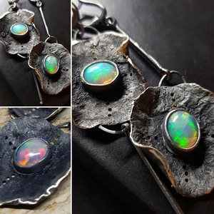 Orecchini vintage in argento ossidato con design a foglia e intarsio in opale
