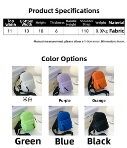 Size chart and dimensions for nylon crossbody bag with six available color options