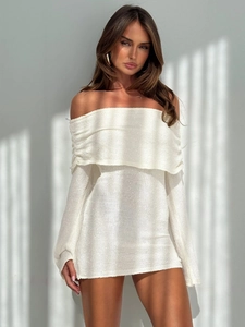Off-Shoulder Strick Mini-Kleid Langarm Bodycon Slim Fit Elegant Urlaub Lässig Einfarbig Damen