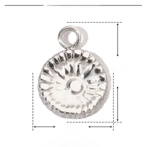 Detail view of silver stainless steel round pendant with 11mm height and 8mm diameter