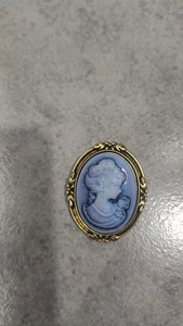 Macro detail of a vintage blue cameo brooch with a gold-plated relief frame