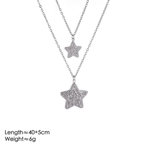 Silver layered titanium steel necklace featuring wrinkled texture star pendants on white background