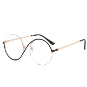 Round Frame Glasses Metal Semi-Rimless Anti Blue Light Wave Bridge Retro Hip Hop Trendy Eyewear For Women