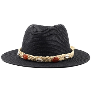 Detail of black straw fedora showing woven band with shells and amber-like beads
