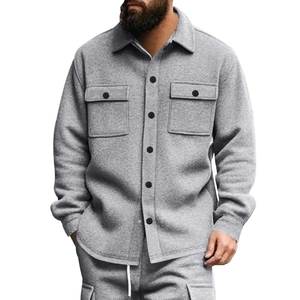 Men's autumn winter casual grey fleece jacket and pants set with button details