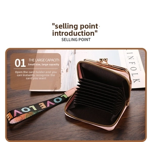 Pink accordion card wallet with multi-slot interior and colorful LOVE strap handle
