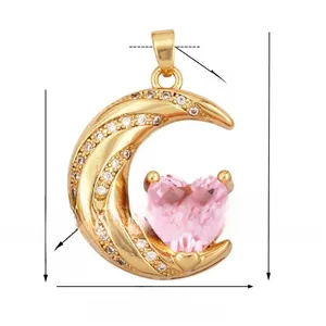 Macro shot of 20mm gold moon and pink heart pendant with white zircon dimensions