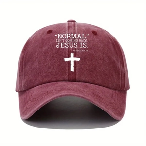 Detail of burgundy washed cotton baseball cap with cross and religious text print