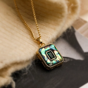 18K gold plated necklace with square emerald green zircon and abalone shell pendant