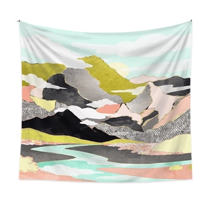 Detail of modern abstract mountain tapestry with gold foil and snakeskin texture