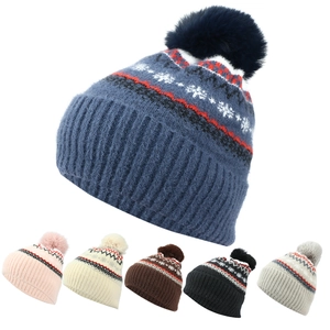 Women Winter Knitted Beanie Hat Acrylic Fleece Lined Nordic Snowflake Jacquard Warm Outdoor Casual Faux Fur Pom Pom