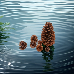 Natural pine cones of various sizes floating on blue water for Christmas home decor