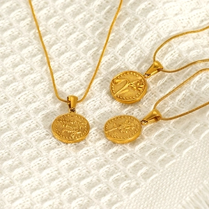 Gold stainless steel coin necklace with Lily of the Valley flower pendant engraving