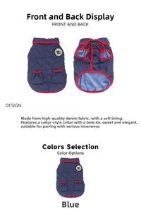 Detail of quilted denim pet vest with sailor collar and red contrast trim