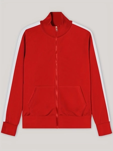 Detail of red sports jacket featuring stand collar, full zipper and white side stripes