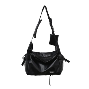 Versatile black crossbody messenger bag with adjustable strap and side mesh pocket