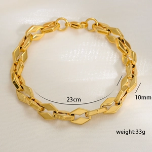 Detail view of 10mm wide gold plated stainless steel Cuban link bracelet with lobster clasp