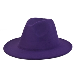 Detailed view of dark purple wool fedora hat with flat brim and metallic belt accent