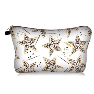 Detail of digital print makeup bag with leopard star patterns and black zipper closure