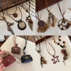 Retro Bohemian Long Necklace Leather Rope Alloy Feather Star Pendant Ethnic Style Handmade Accessory For Women
