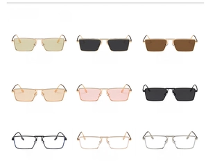 Detailed grid of nine slim square metal sunglasses in various frame and lens color options