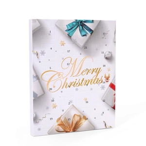 Calendario dell'Avvento natalizio con numeri 1-24 e scritta dorata Merry Christmas