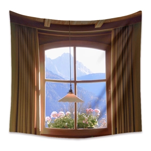 Bohemian tapestry featuring a mountain landscape through a wooden window frame