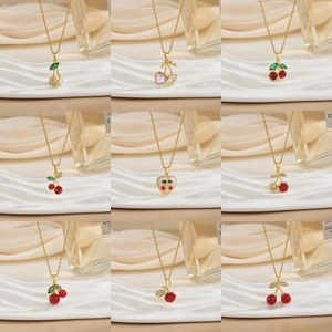Fashion Copper Cherry Pendant Necklace For Women Exquisite Red Rhinestone Fruit Heart Tulip Charm Gold Plated Jewelry