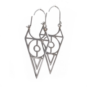 Minimalist silver triangle earrings with geometric tribal patterns in stainless steel