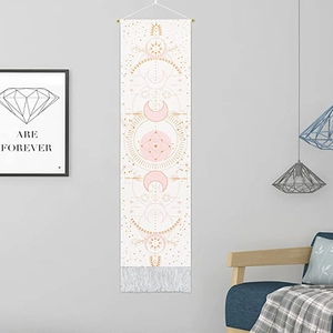 Bohemian Moon Phase Sun Star Vertical Tapestry Wall Hanging Polyester Cotton Fabric Scroll Wooden Rod Fringe Tassels