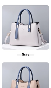 Detail of color-block handbags in lychee grain texture with golden hardware and brand logo