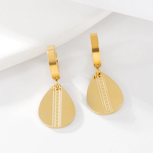 Elegant gold-plated teardrop earrings featuring vertical stripes and dot textured details