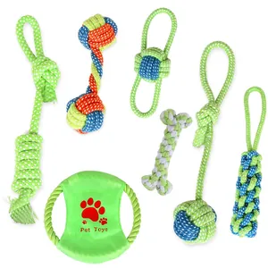 Detailed set of 7 colorful braided cotton rope toys for dog teeth cleaning and interactive play