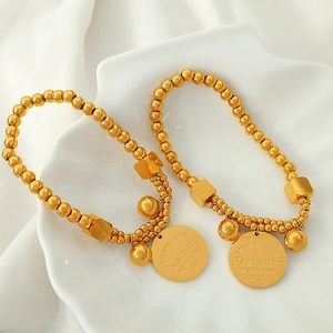 French style 18k gold plated titanium steel beaded bracelets with engraved coin pendants