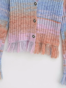 Detail of gradient knit cardigan featuring metallic buttons and delicate fringe hemline