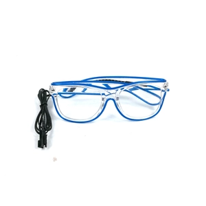 Close-up of LED glowing glasses with blue EL wire and clear lenses on white background
