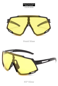Detail view of black frame cycling glasses with yellow night vision lenses for outdoor sports