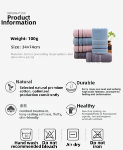 Detail specifications of 100g pure cotton towel 34x74cm showing texture and parameters