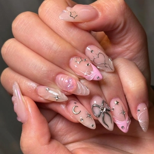 Pink 3D Bow Heart Press On Nails Metal Star Moon Accents Rhinestones French Style Long Almond Shape For Women