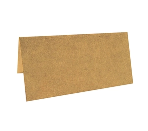 Detailed side view of folded brown kraft paper table name cards on white background