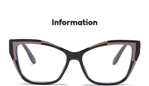 Detailed front view of stylish cat-eye glasses frame with black and brown bicolor design
