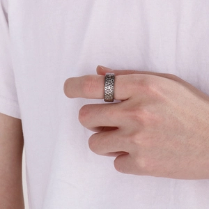 Minimalist 8mm hammered texture ring in antique silver finish for men