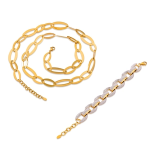French vintage gold chain necklace and silver-gold rhinestone bracelet jewelry set