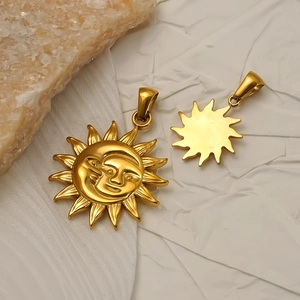 Vintage stainless steel sun and moon face pendant necklace in gold finish on stone