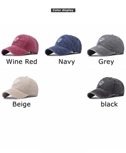Detailed color selection showing five washed cotton baseball caps with sun embroidery