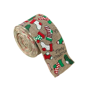 Linen texture Christmas ribbon with Merry Christmas print and stocking patterns on rolls