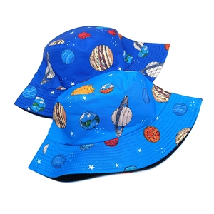 Space planet pattern reversible bucket hats in navy and light blue for sun protection