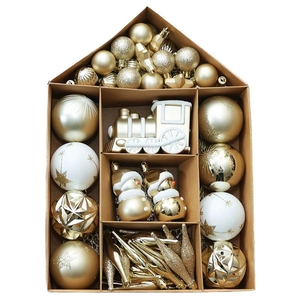 70-piece Christmas ornament set with gold and white baubles, snowmen and train shapes